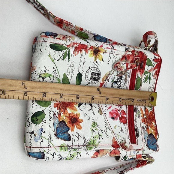 MultiSac Crossbody Bag Womens Small White Floral Butterfly Print Red - Picture 7 of 10
